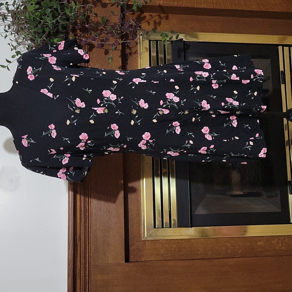 Black Floral Pink Button Up Mini Summer Dress Size 8 Divided